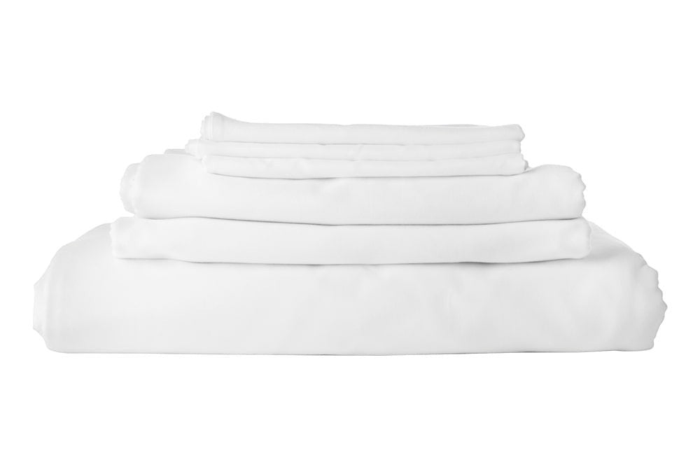 Conjunto de lençóis brancos PALMA 50% algodão x 50% poliéster, 180 fios, para hotelaria.